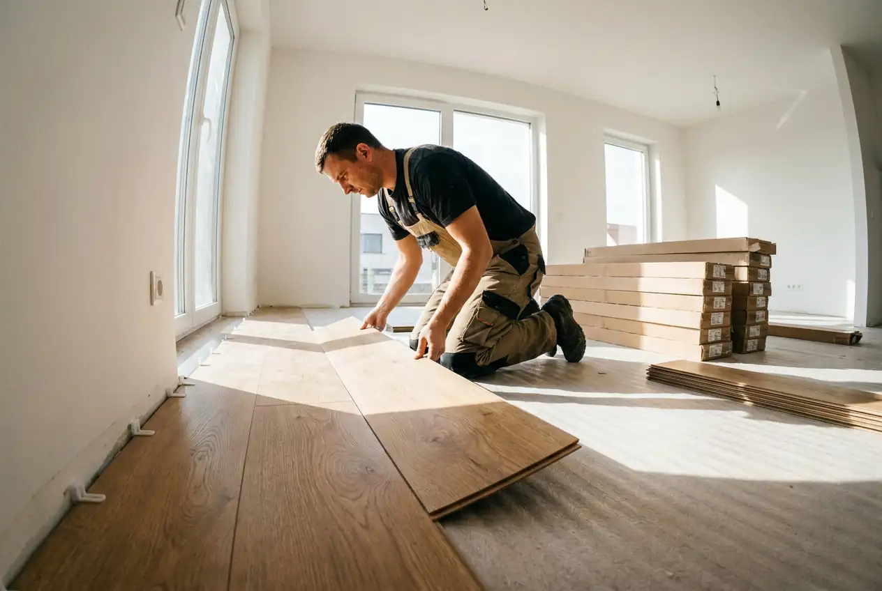Fresh laminate planks clicked together across a bright living room